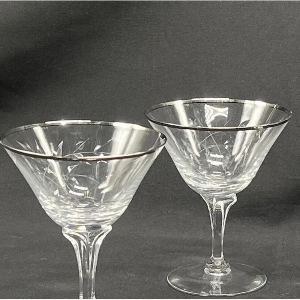 Four Fostoria Bridal Belle Crystal Martini Glasses Platinum‎ Rim Etched Vintage